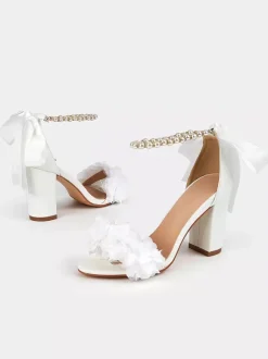 Chunky Heel Wedding Shoes White Pearls Flowers Detail Open Toe Ankle Strap Bridal Shoes