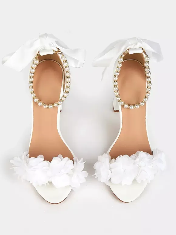 Chunky Heel Wedding Shoes White Pearls Flowers Detail Open Toe Ankle Strap Bridal Shoes