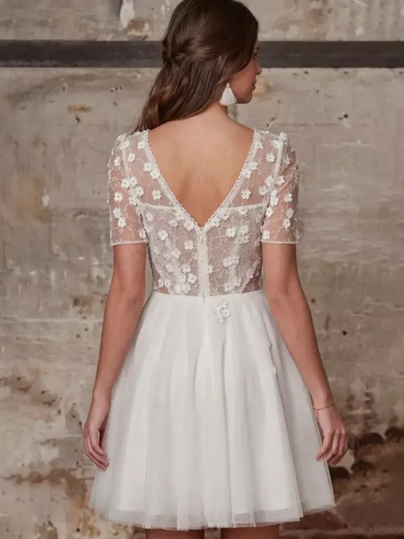 Civil Wedding Dress Lace Short Bridal Dress V-Neck Short Sleeves A-Line Short Bridal Dresses