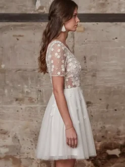 Civil Wedding Dress Lace Short Bridal Dress V-Neck Short Sleeves A-Line Short Bridal Dresses