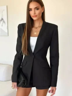 Classic Black Blazer Jacket For Women V-neck One Button Slim Fit Spring Outerwear 2026