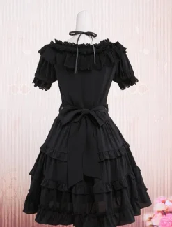 Classic Black Short Sleeves Cotton Cute Lolita One-Piece