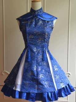 Classic Blue Qi Lolita Dress Sleevesless Lace Up Printed Satin