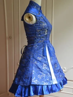 Classic Blue Qi Lolita Dress Sleevesless Lace Up Printed Satin