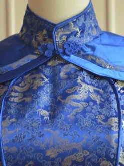 Classic Blue Qi Lolita Dress Sleevesless Lace Up Printed Satin