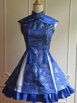 Classic Blue Qi Lolita Dress Sleevesless Lace Up Printed Satin