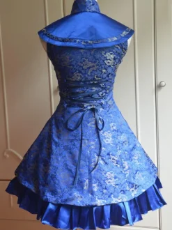 Classic Blue Qi Lolita Dress Sleevesless Lace Up Printed Satin