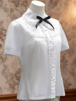 Classic Lolita Blouse Cotton Bowknot Ruffles White Lolita Top