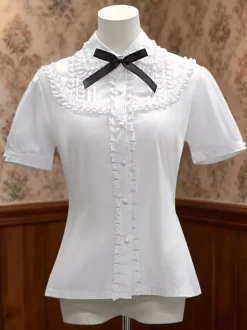 Classic Lolita Blouse Cotton Bowknot Ruffles White Lolita Top