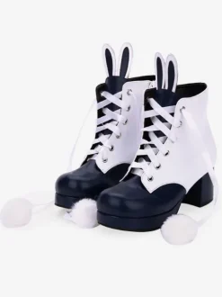 Classic Lolita Boots Bunny Ear Pom Pom Two Tone Chunky High Heel Lolita Shoes