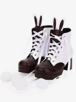 Classic Lolita Boots Bunny Ear Pom Pom Two Tone Chunky High Heel Lolita Shoes