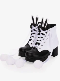 Classic Lolita Boots Bunny Ear Pom Pom Two Tone Chunky High Heel Lolita Shoes