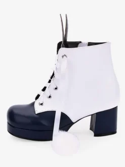 Classic Lolita Boots Bunny Ear Pom Pom Two Tone Chunky High Heel Lolita Shoes