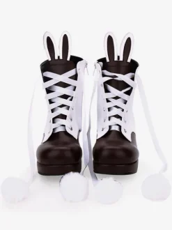 Classic Lolita Boots Bunny Ear Pom Pom Two Tone Chunky High Heel Lolita Shoes