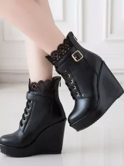 Classic Lolita Boots Lace Buckle Wedge Heel Black Lolita Shoes
