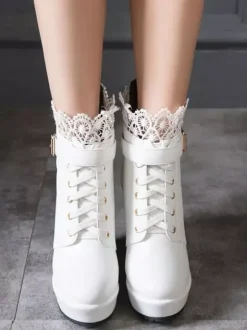 Classic Lolita Boots Lace Buckle Wedge Heel Black Lolita Shoes