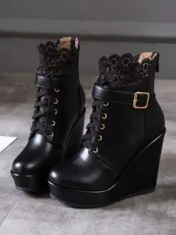 Classic Lolita Boots Lace Buckle Wedge Heel Black Lolita Shoes