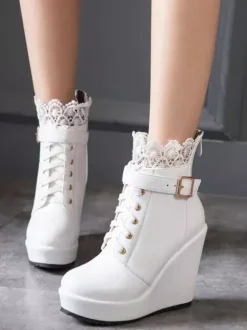 Classic Lolita Boots Lace Buckle Wedge Heel Black Lolita Shoes