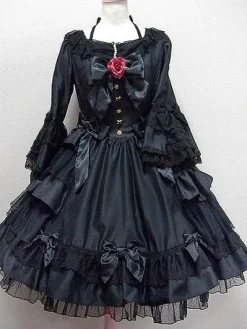 Classic Lolita Dress OP Alice Black Hime Long Sleeve Lace Ruffled Bow Button Lolita One Piece Dress With Red Flowers