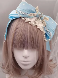 Classic Lolita Headband Metallic Design Lace Pearl Ruffle Bow Lolita Hair Accessory