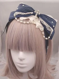 Classic Lolita Headband Metallic Design Lace Pearl Ruffle Bow Lolita Hair Accessory