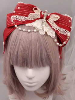 Classic Lolita Headband Metallic Design Lace Pearl Ruffle Bow Lolita Hair Accessory