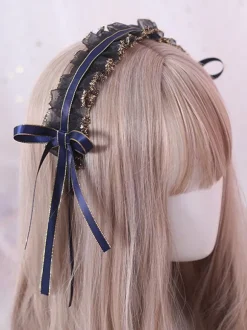 Classic Lolita Headdress Ruffle Lace Bow Black Lolita Hair Accessory