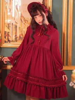 Classic Lolita One Piece Dress Solid Color Long Sleeve Vintage Lolita One Piece Dress