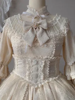 Classic Lolita OP Dress Light Apricot 3/4-Length Sleeve Pleated Lace Ruffles Tea Party Lolita One Piece Dress