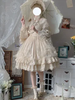 Classic Lolita OP Dress Light Apricot 3/4-Length Sleeve Pleated Lace Ruffles Tea Party Lolita One Piece Dress