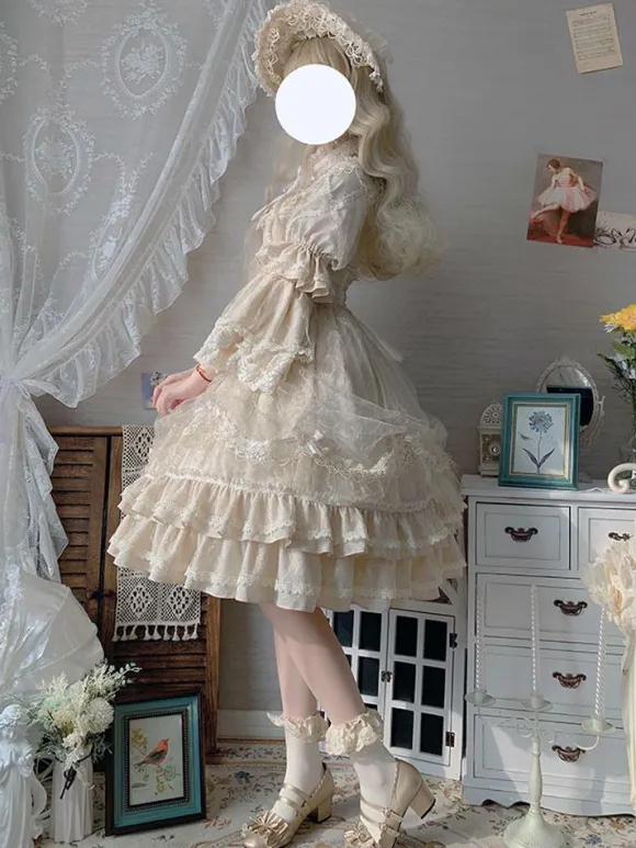 Classic Lolita OP Dress Light Apricot 3/4-Length Sleeve Pleated Lace Ruffles Tea Party Lolita One Piece Dress