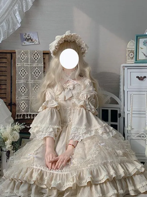 Classic Lolita OP Dress Light Apricot 3/4-Length Sleeve Pleated Lace Ruffles Tea Party Lolita One Piece Dress