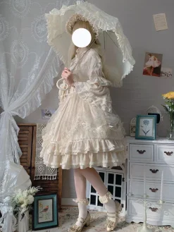 Classic Lolita OP Dress Light Apricot 3/4-Length Sleeve Pleated Lace Ruffles Tea Party Lolita One Piece Dress