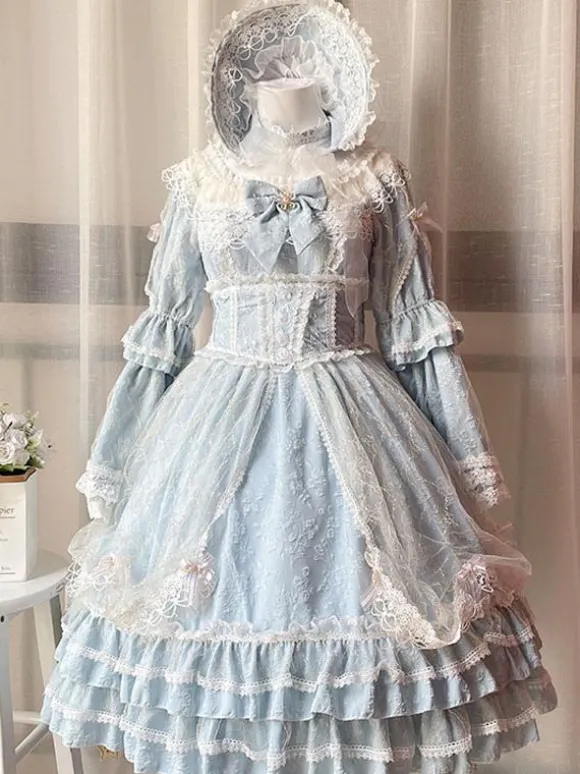 Classic Lolita OP Dress Light Apricot 3/4-Length Sleeve Pleated Lace Ruffles Tea Party Lolita One Piece Dress