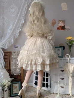 Classic Lolita OP Dress Light Apricot 3/4-Length Sleeve Pleated Lace Ruffles Tea Party Lolita One Piece Dress
