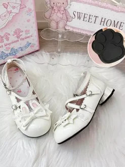 Classic Lolita Shoes Pink Bows Bunny Rabbit PU Leather Sweet Chunky Heel Lolita Shoes