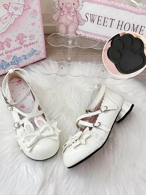 Classic Lolita Shoes Pink Bows Bunny Rabbit PU Leather Sweet Chunky Heel Lolita Shoes