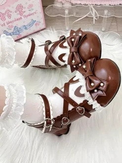 Classic Lolita Shoes Pink Bows Bunny Rabbit PU Leather Sweet Chunky Heel Lolita Shoes