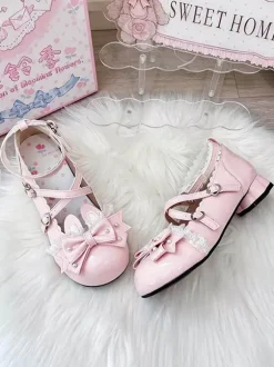 Classic Lolita Shoes Pink Bows Bunny Rabbit PU Leather Sweet Chunky Heel Lolita Shoes