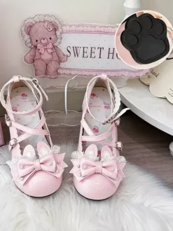 Classic Lolita Shoes Pink Bows Bunny Rabbit PU Leather Sweet Chunky Heel Lolita Shoes