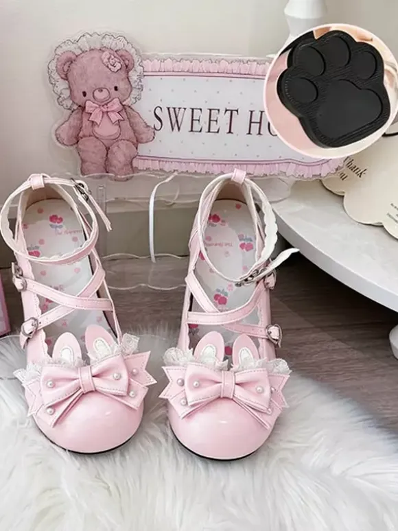 Classic Lolita Shoes Pink Bows Bunny Rabbit PU Leather Sweet Chunky Heel Lolita Shoes