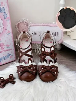 Classic Lolita Shoes Pink Bows Bunny Rabbit PU Leather Sweet Chunky Heel Lolita Shoes