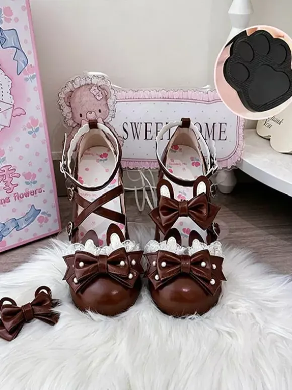 Classic Lolita Shoes Pink Bows Bunny Rabbit PU Leather Sweet Chunky Heel Lolita Shoes