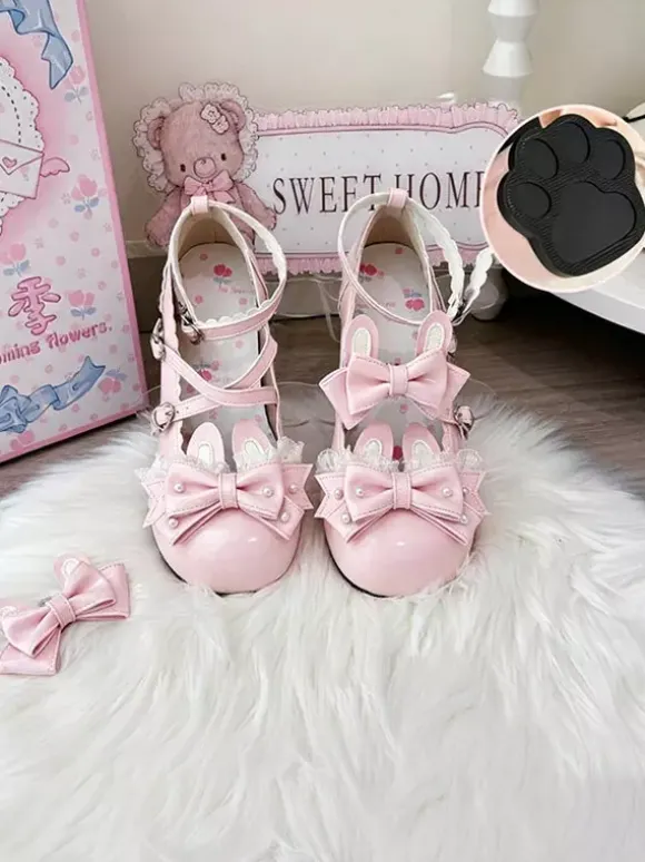 Classic Lolita Shoes Pink Bows Bunny Rabbit PU Leather Sweet Chunky Heel Lolita Shoes