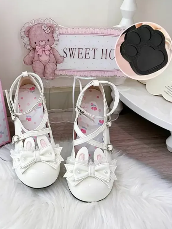 Classic Lolita Shoes Pink Bows Bunny Rabbit PU Leather Sweet Chunky Heel Lolita Shoes