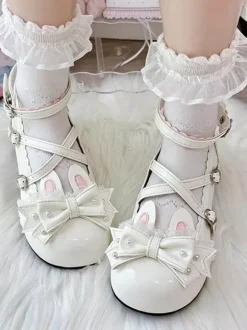 Classic Lolita Shoes Pink Bows Bunny Rabbit PU Leather Sweet Chunky Heel Lolita Shoes