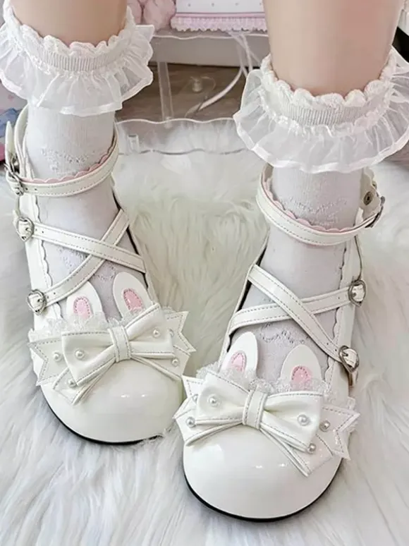 Classic Lolita Shoes Pink Bows Bunny Rabbit PU Leather Sweet Chunky Heel Lolita Shoes