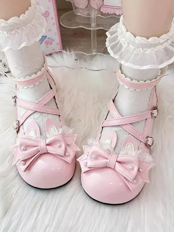 Classic Lolita Shoes Pink Bows Bunny Rabbit PU Leather Sweet Chunky Heel Lolita Shoes