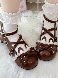 Classic Lolita Shoes Pink Bows Bunny Rabbit PU Leather Sweet Chunky Heel Lolita Shoes