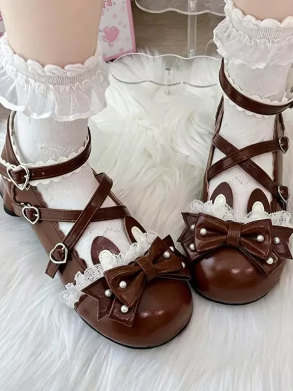 Classic Lolita Shoes Pink Bows Bunny Rabbit PU Leather Sweet Chunky Heel Lolita Shoes